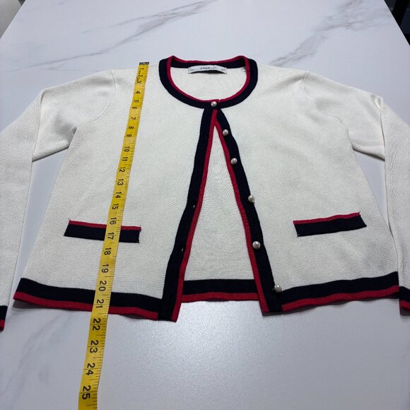 Zara Off White Knit Pearl Button Cardigan Red Navy Blue Trim - Picture 4 of 6